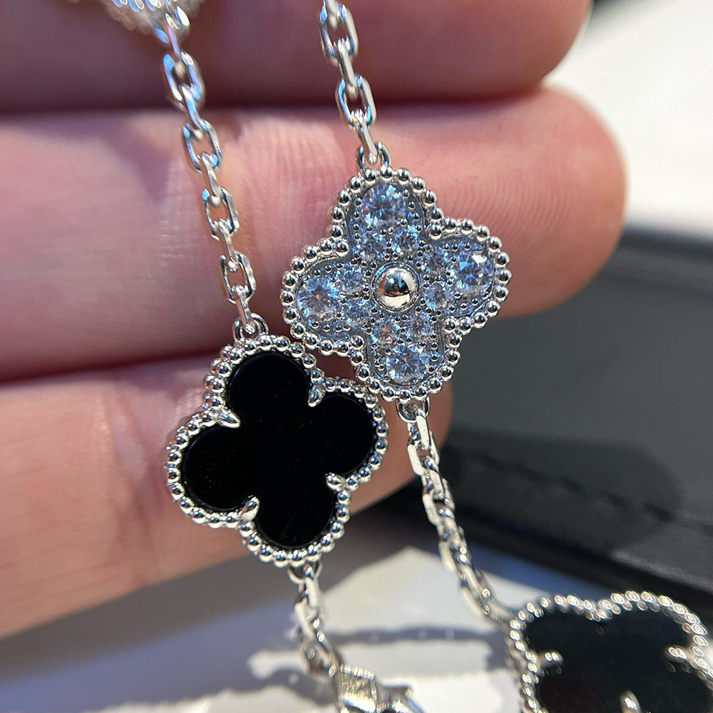 [Royal Jewellery]CLOVER 5 MOTIF ONYXS DIAMOND BRACELET SILVER