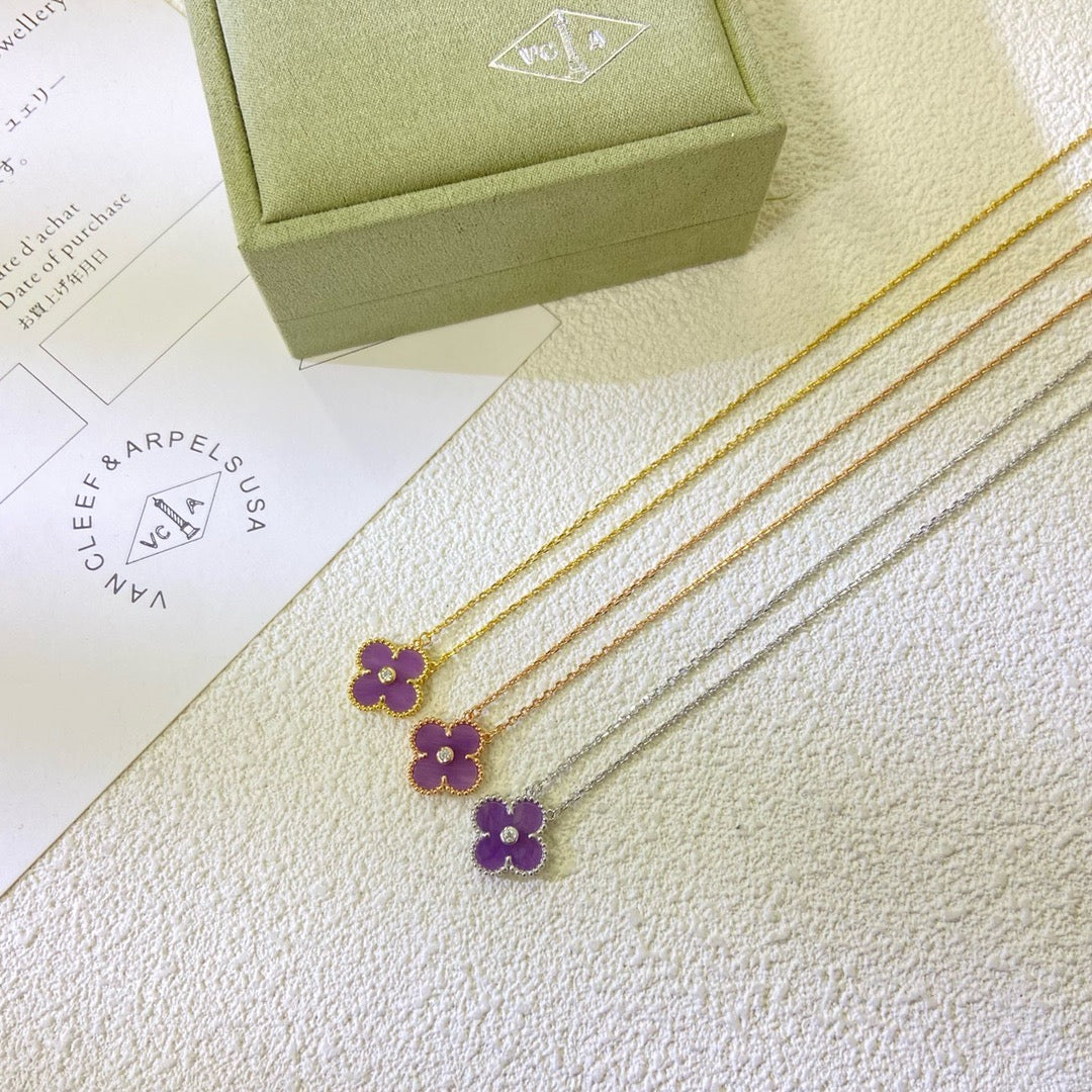 [Royal Jewellery]CLOVER 15MM DIAMOND  PURPLE VIOLET NECKLACE