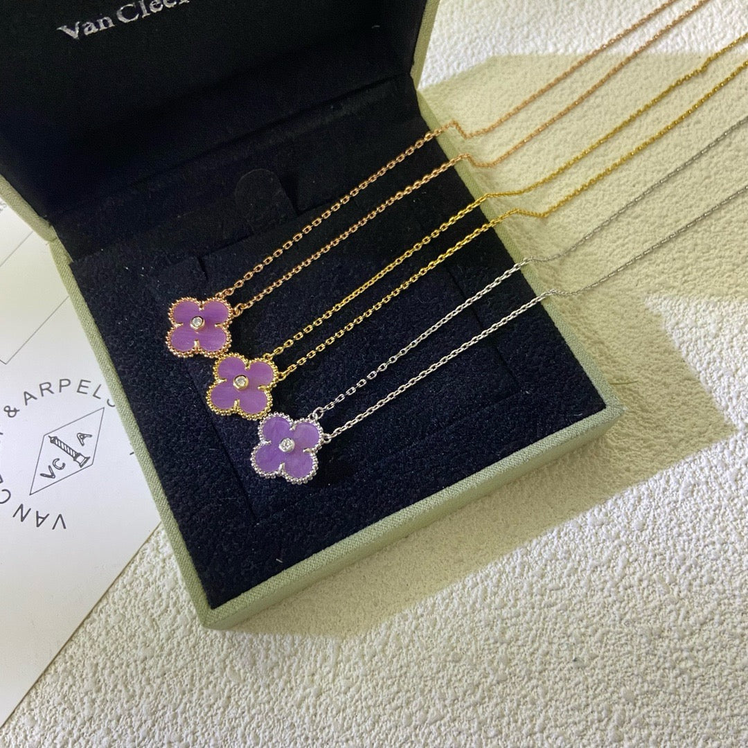 [Royal Jewellery]CLOVER 15MM DIAMOND  PURPLE VIOLET NECKLACE