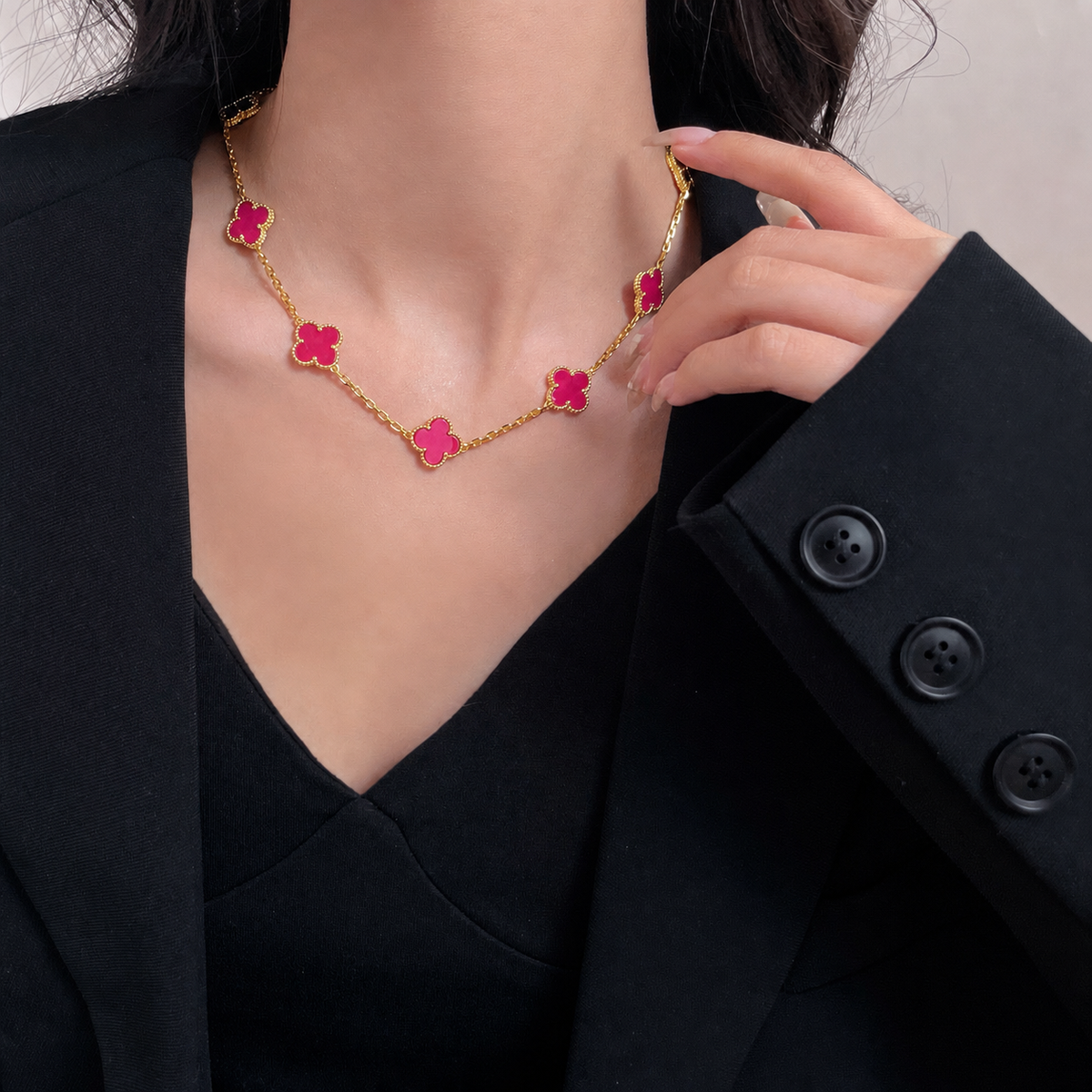 [Royal Jewellery]NEW CLOVER 10 MOTIFS PINK ENAMEL NECKLACE