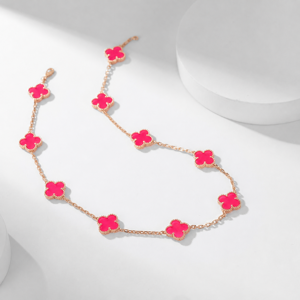 [Royal Jewellery]NEW CLOVER 10 MOTIFS PINK ENAMEL NECKLACE