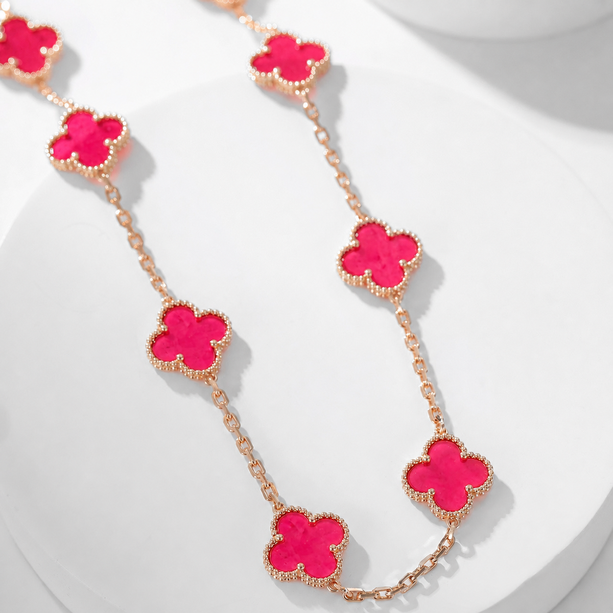 [Royal Jewellery]NEW CLOVER 10 MOTIFS PINK ENAMEL NECKLACE