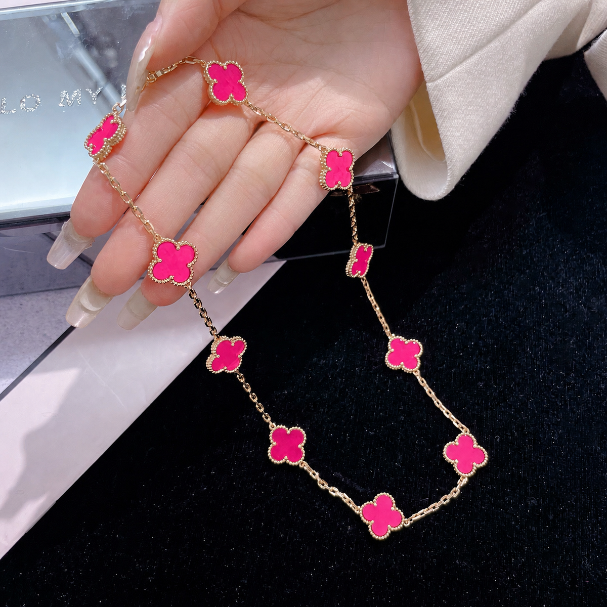 [Royal Jewellery]NEW CLOVER 10 MOTIFS PINK ENAMEL NECKLACE