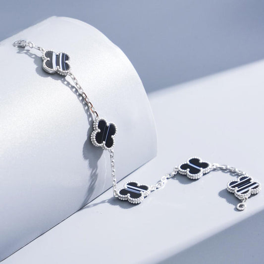 [Royal Jewellery]CLOVER 5 MOTIF VEINED ONYX BRACELET SILVER