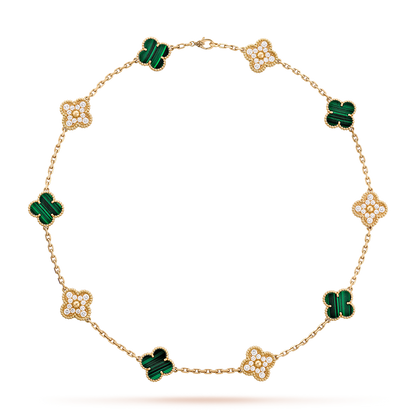 [Royal Jewellery]CLOVER 10 MOTIFS MALACHITE DIAMOND NECKLACE