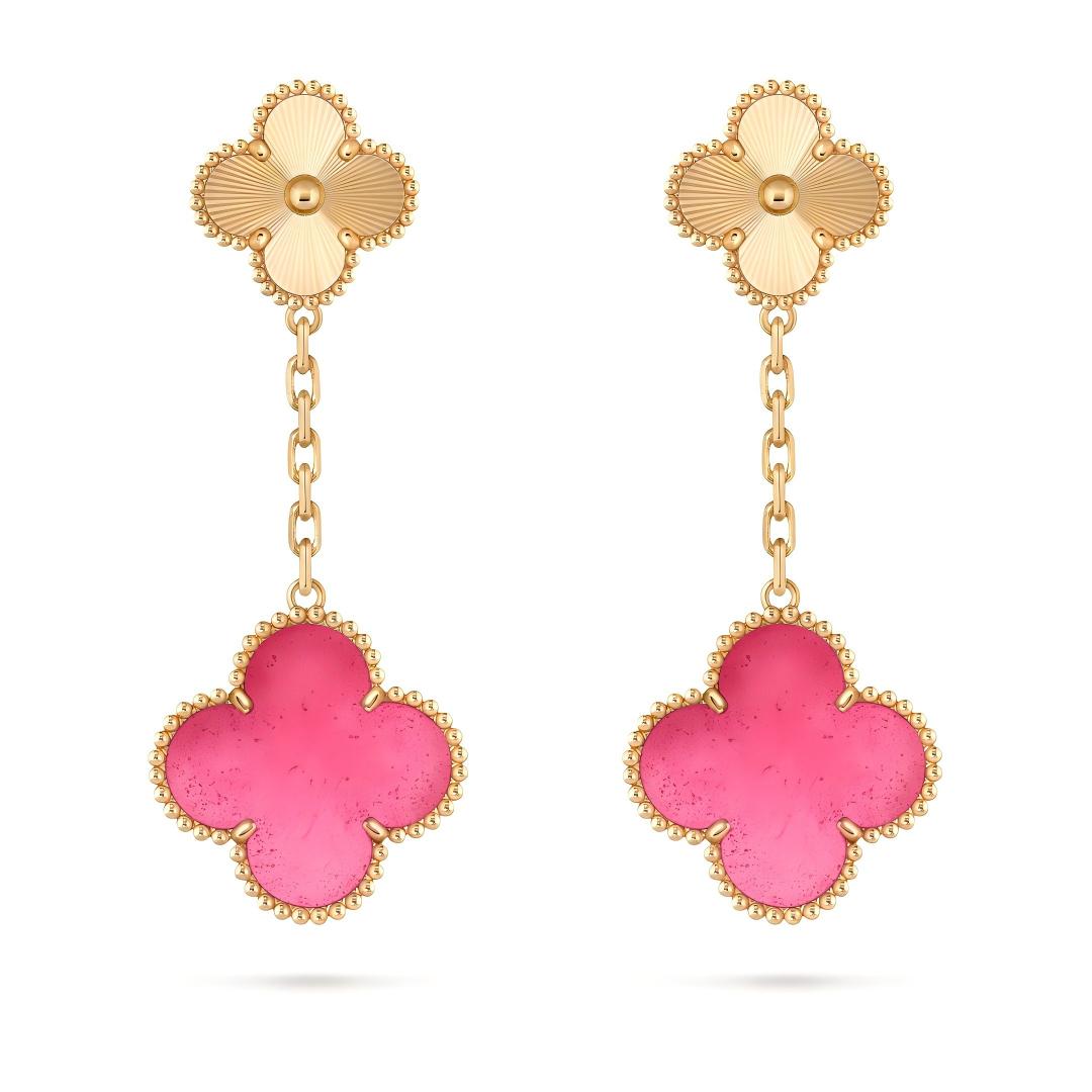 [Royal Jewellery] NEW CLOVER 2 MOTIF PINK ENAMEL EARRINGS