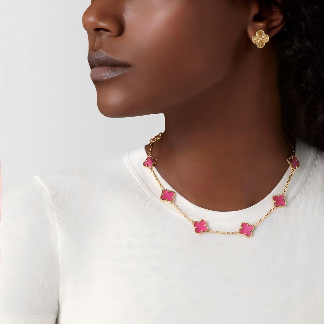 [Royal Jewellery]NEW CLOVER 10 MOTIFS PINK ENAMEL NECKLACE