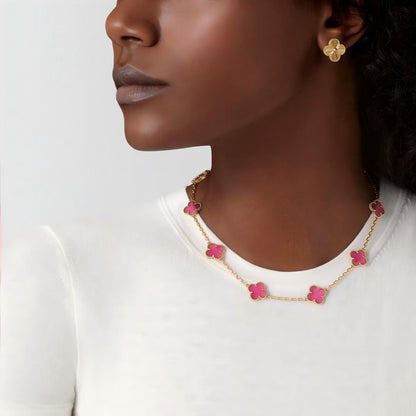 [Royal Jewellery]NEW CLOVER 10 MOTIFS PINK ENAMEL NECKLACE