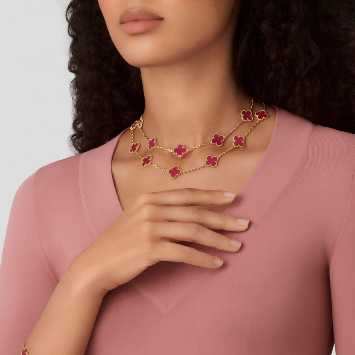 [Royal Jewellery] NEW CLOVER 20 MOTIFS PINK ENAMEL NECKLACE