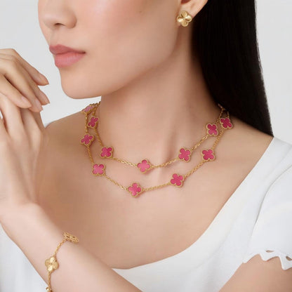 [Royal Jewellery] NEW CLOVER 20 MOTIFS PINK ENAMEL NECKLACE