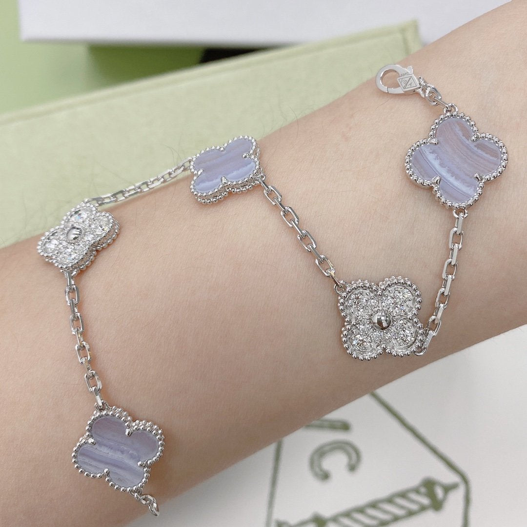 [Royal Jewellery]CLOVER  5 MOTIF DIAMOND PURPLE CHALCEDONY BRACELET SILVER