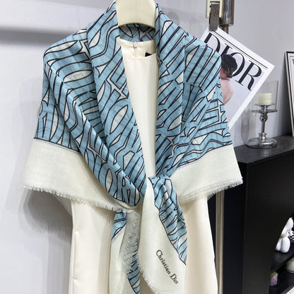 MISS DIOR ALLOVER SHAWL 140 CM IN POWDER BLUE MIX WHITE SILK CASHMERE 411630