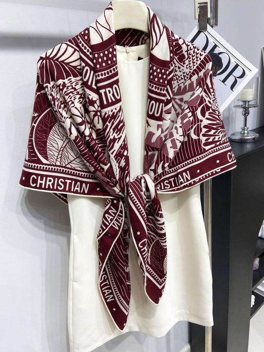 SQUARE SCARF 140 CM IN MAROON RED MIX WHITE MONOGRAM WOOL AND SILK 415110