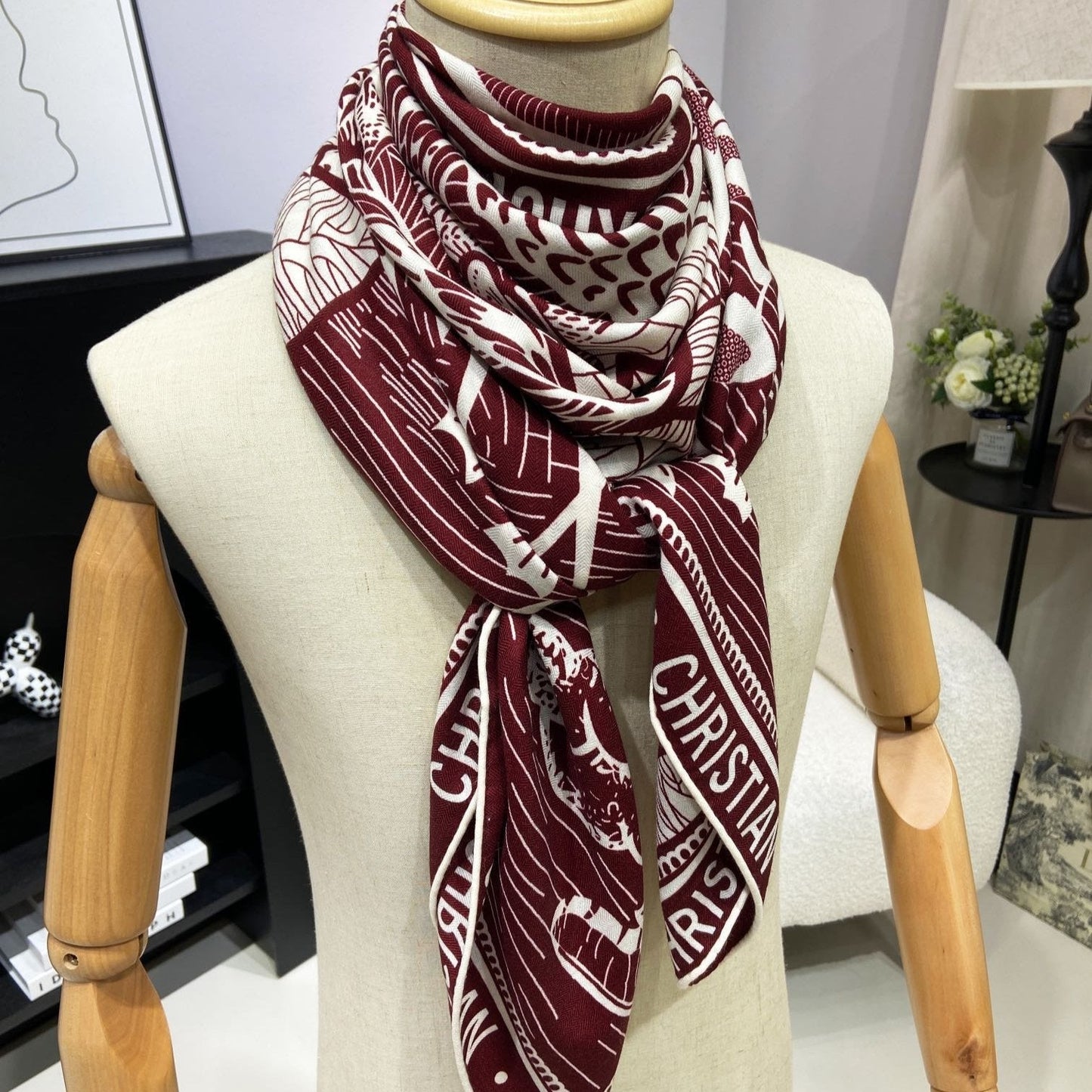 SQUARE SCARF 140 CM IN MAROON RED MIX WHITE MONOGRAM WOOL AND SILK 415110