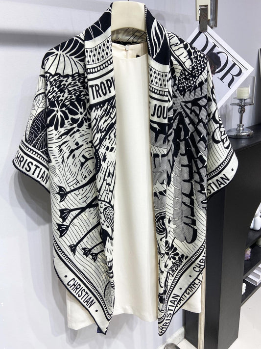 SQUARE SCARF 140 CM IN BLACK MIX WHITE MONOGRAM WOOL AND SILK 415111