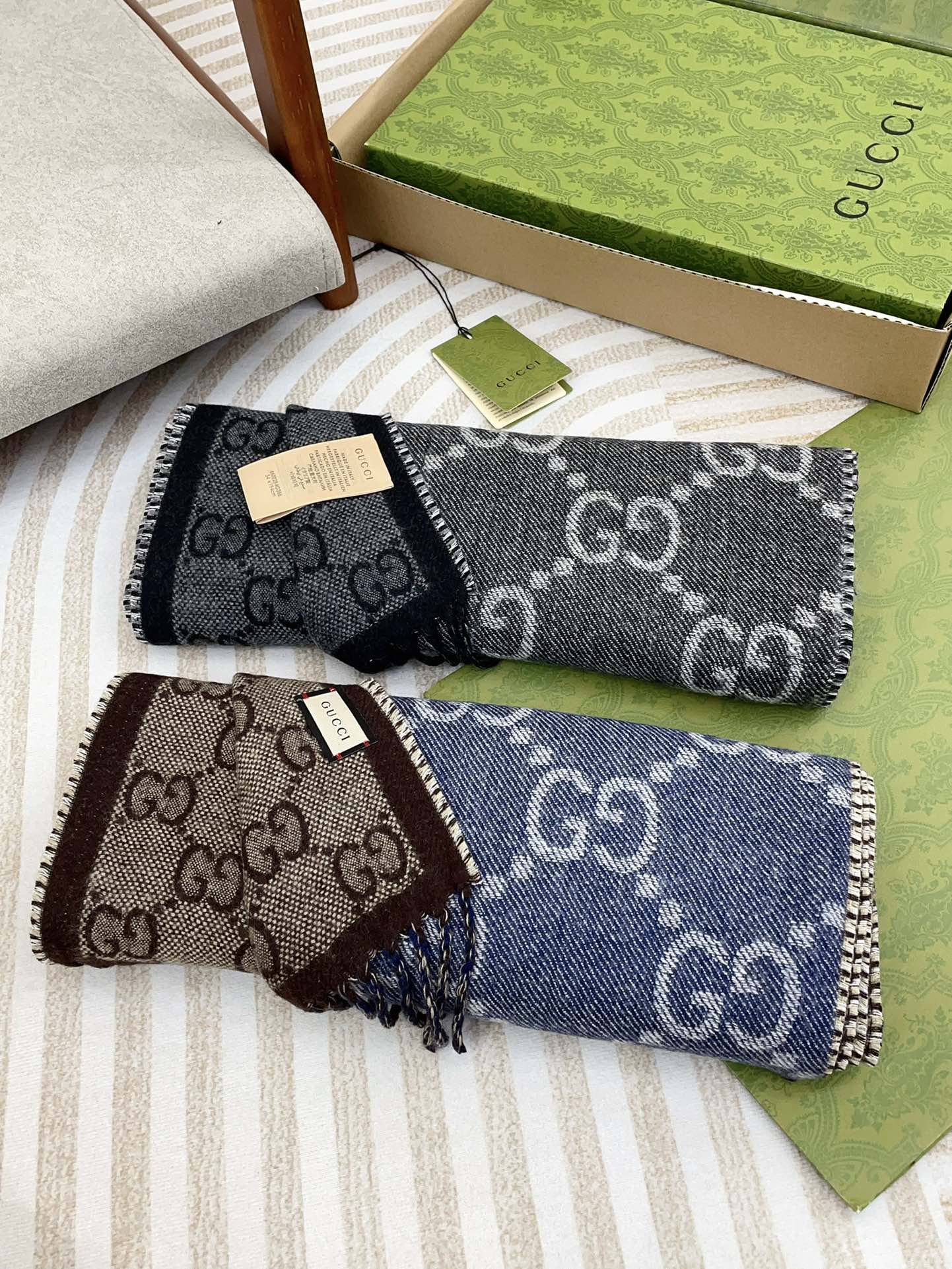 GG JACQUARD WOOL SCARF DENIM BLUE MIX COFFEE BROWN 398286