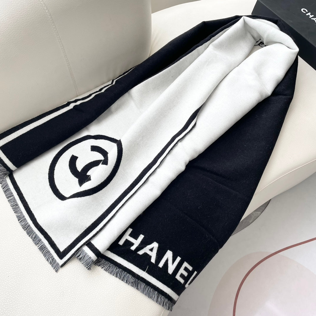 SCARF 195 CM IN BLACK MIX WHITE CASHMERE AND WOOL 402234