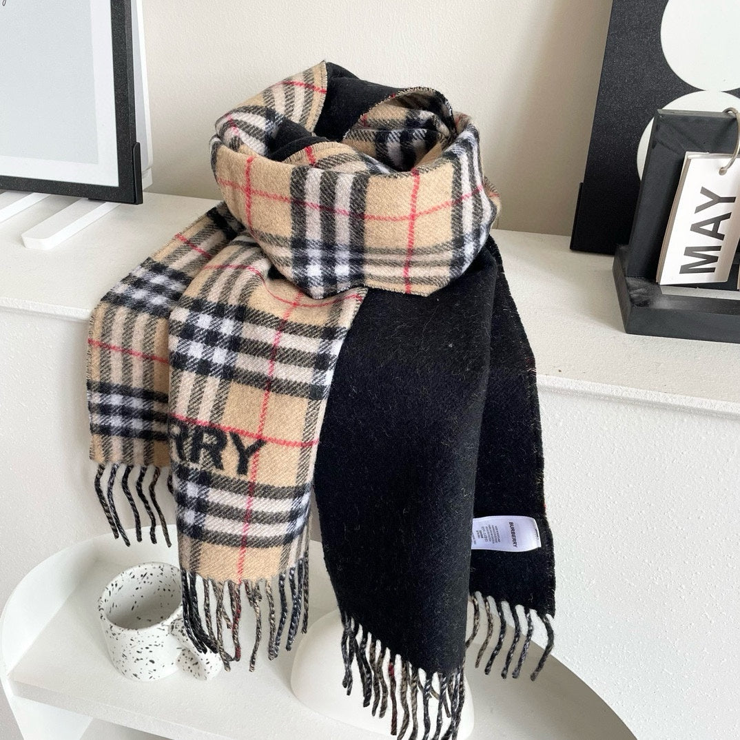 REVERSIBLE CHECK CASHMERE SCARF 180 CM BLACK AND BEIGE 405497