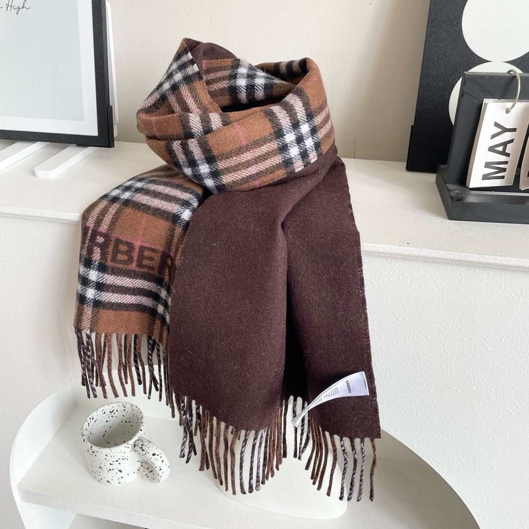 REVERSIBLE CHECK CASHMERE SCARF 180 CM CHOCOLATE BROWN 405498