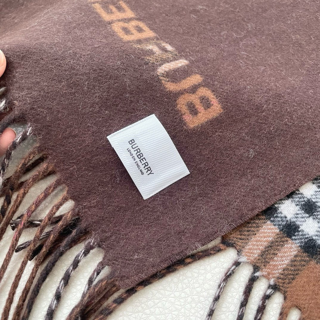 REVERSIBLE CHECK CASHMERE SCARF 180 CM CHOCOLATE BROWN 405498