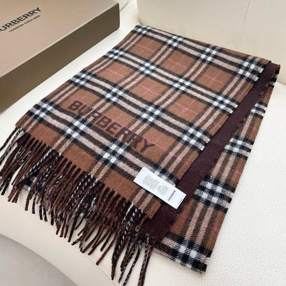 REVERSIBLE CHECK CASHMERE SCARF 180 CM CHOCOLATE BROWN 405498