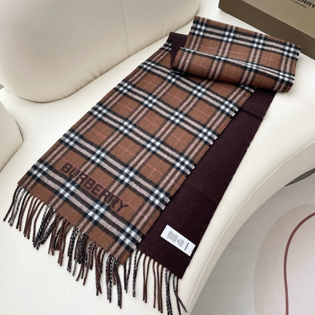 REVERSIBLE CHECK CASHMERE SCARF 180 CM CHOCOLATE BROWN 405498