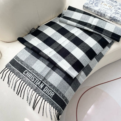 CHECK SCARF 180 CM IN BLACK MIX WHITE CASHMERE AND WOOL 415299