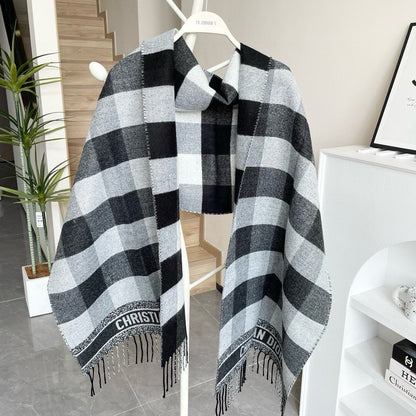 CHECK SCARF 180 CM IN BLACK MIX WHITE CASHMERE AND WOOL 415299