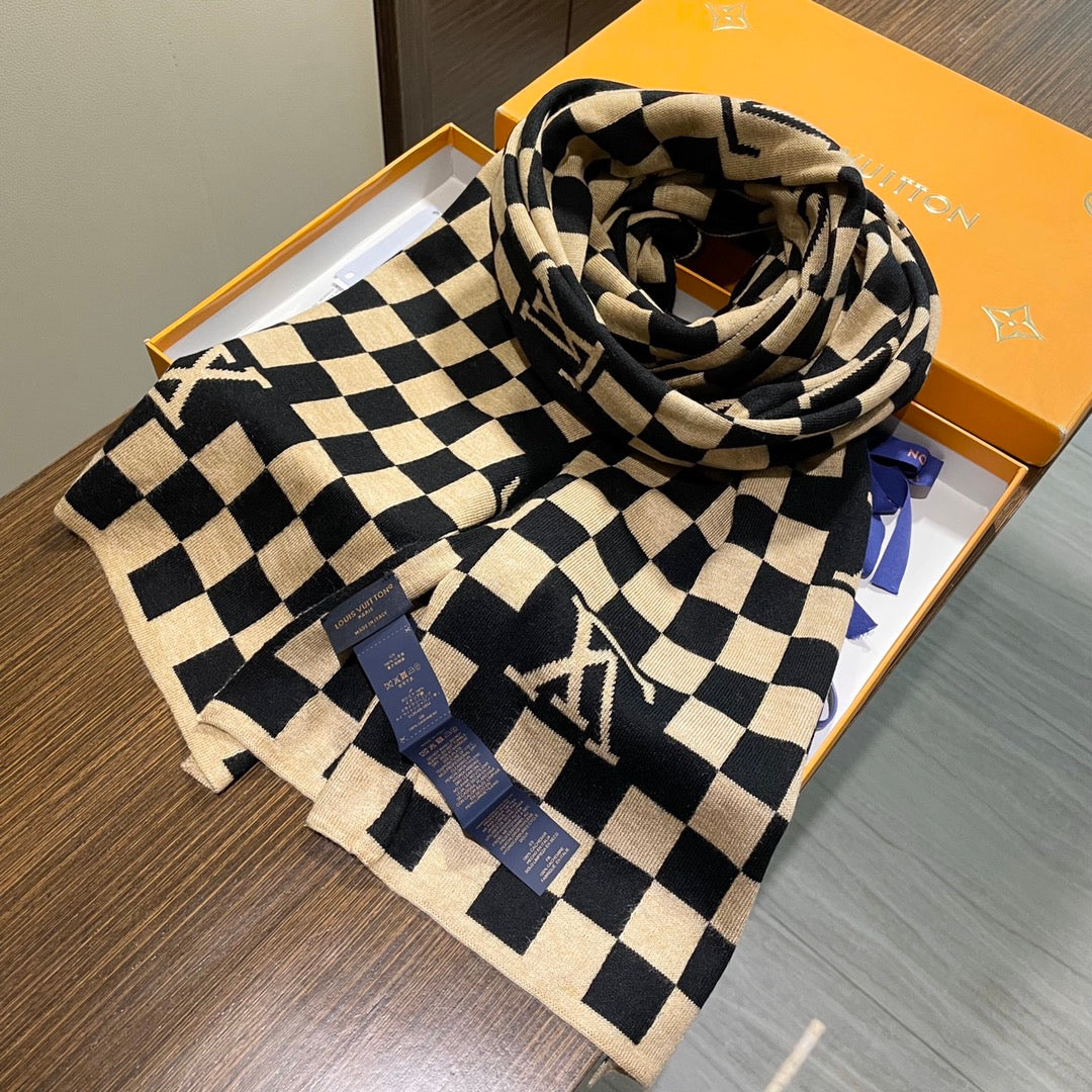 DAMIER SCARF 200 CM IN BLACK MIX TAN BEIGE CASHMERE 388194