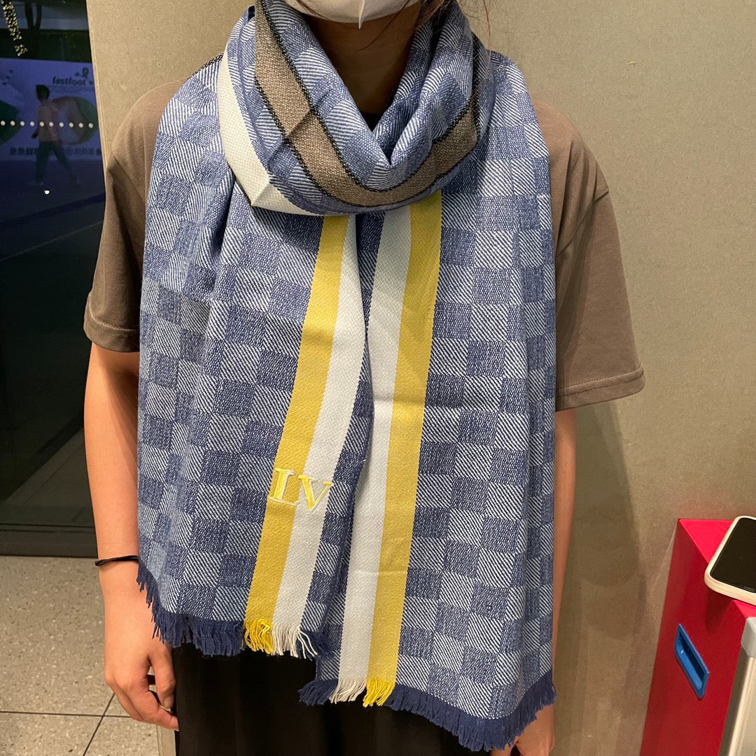 DAMIER SCARF 190 CM IN SAPPHIRE BLUE CASHMERE 391146