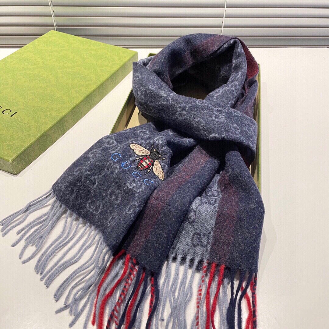 STRIPED SCARF 200 CM IN DARK GRAY CASHMERE WITH EMBROIDERED BEE 398533