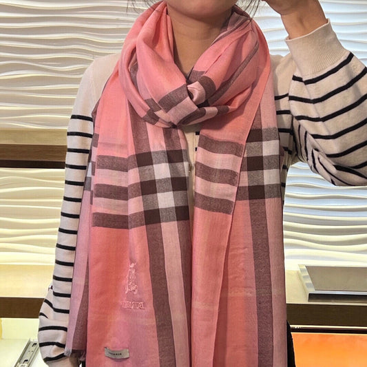 WIDE CHECK CASHMERE SCARF 200 CM IN ROSE PINK CASHMERE 407325