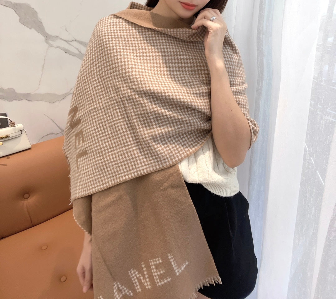 HOUNDSTOOTH SCARF 185 CM IN CAMEL BROWN CASHMERE 393124