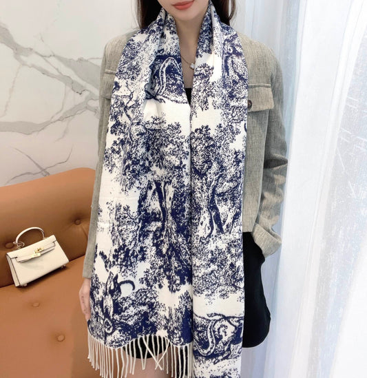 SCARF 220 CM IN NAVY BLUE MIX WHITE MONOGRAM CASHMERE AND WOOL 413656