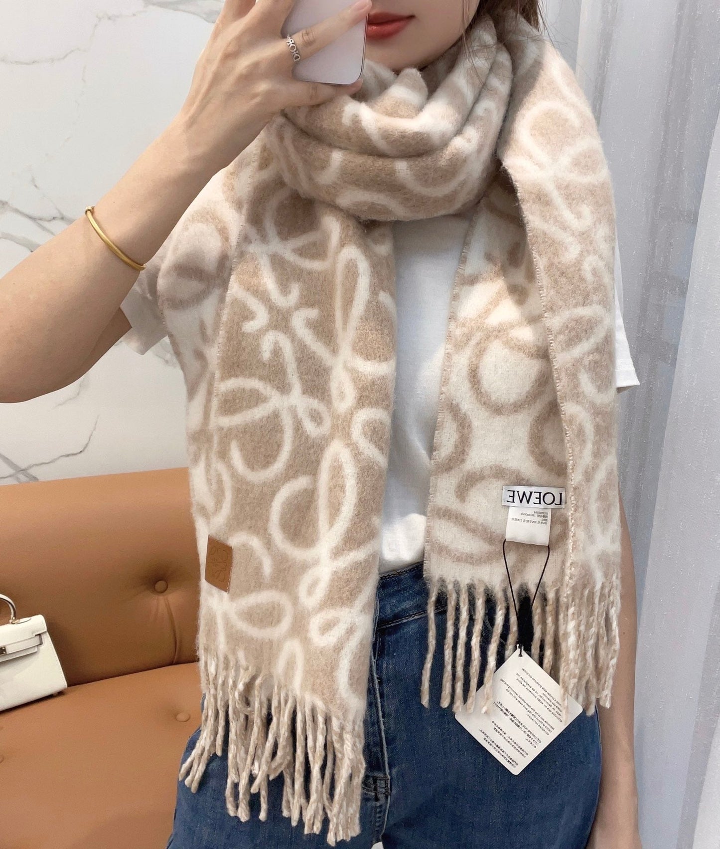 SCARF 186 CM IN CAMEL BEIGE MIX WHITE ALPACA AND WOOL 403822