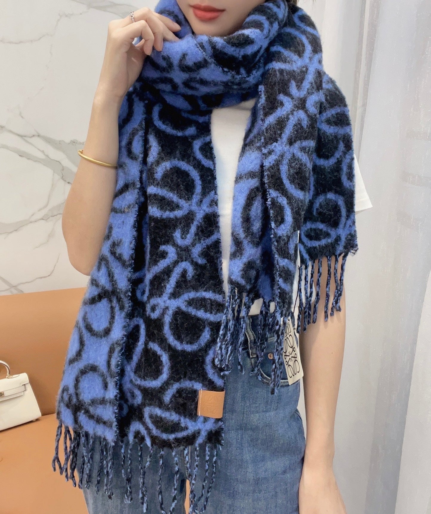 SCARF 186 CM IN COBALT BLUE MIX BLACK ALPACA AND WOOL 403824