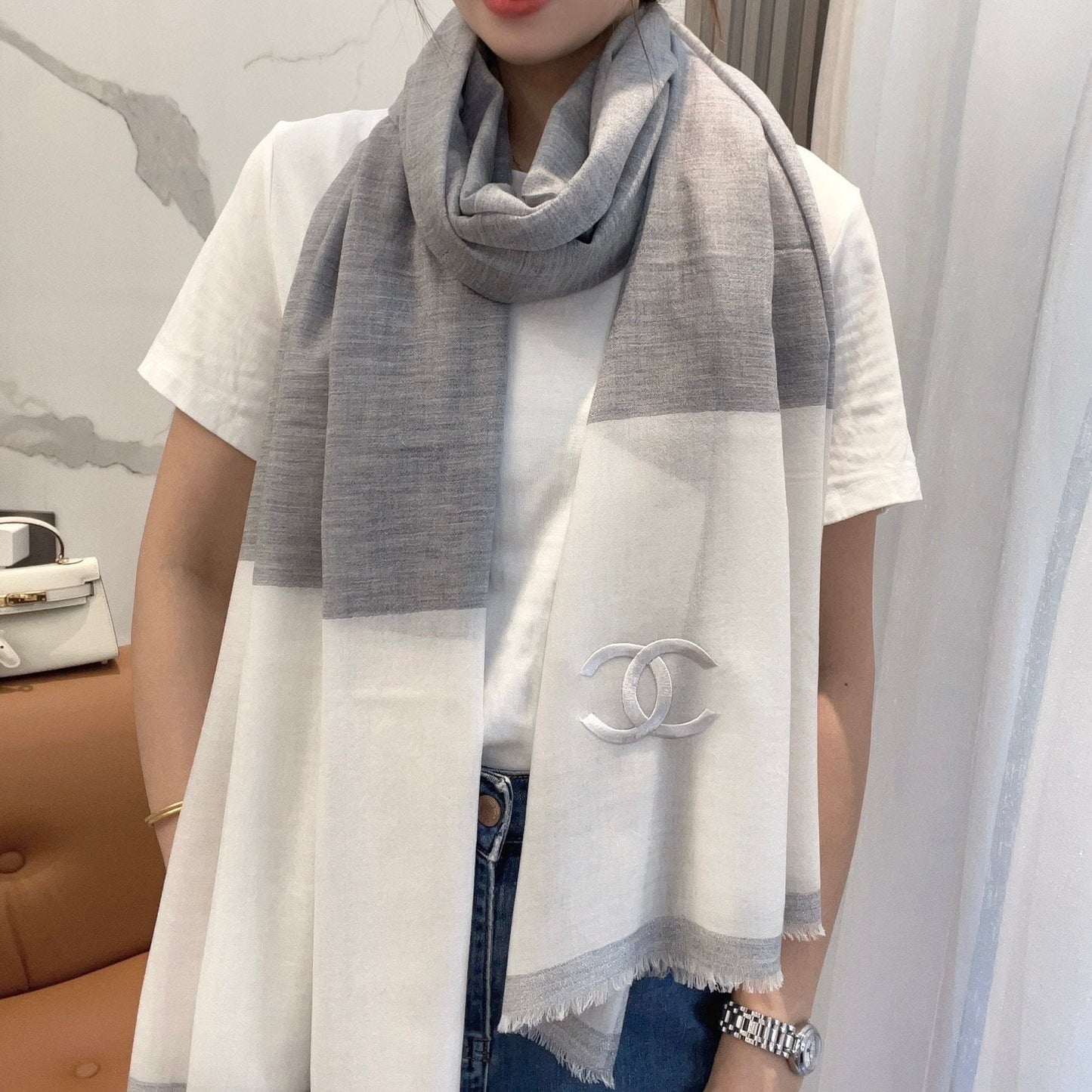 SCARF 200 CM IN DOVE GRAY MIX WHITE CASHMERE 402260