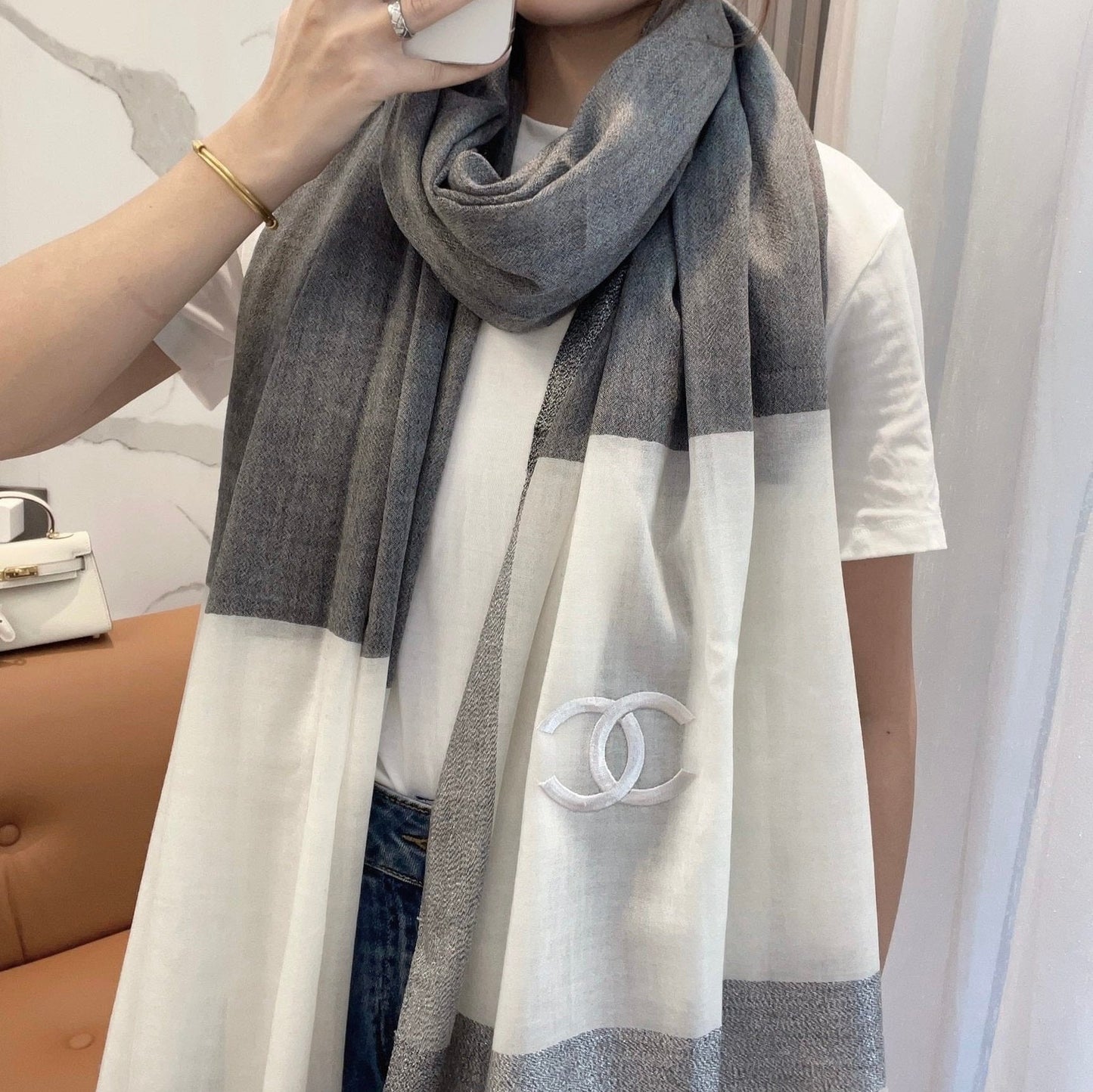 SCARF 200 CM IN SHADOW GRAY MIX WHITE CASHMERE 402262