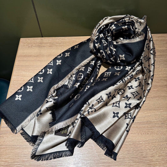 MONOGRAM SCARF 200 CM IN BLACK WOOL AND SILK 391065