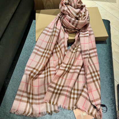 CHECK SCARF 200 CM IN ROSE PINK MIX CAMEL BROWN CASHMERE AND SILK 394665