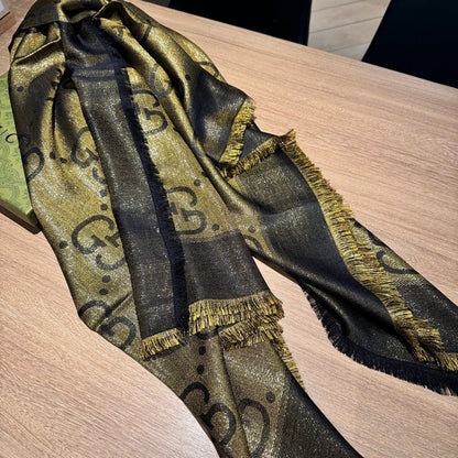 JACQUARD SILK WOOL SHAWL 140 CM ANTIQUE GOLD 401258