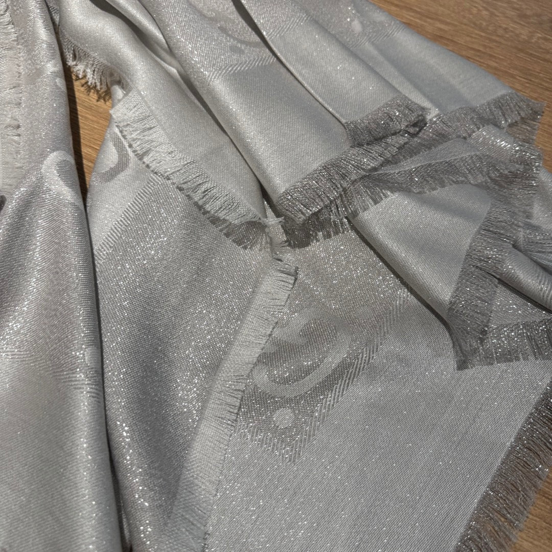 JACQUARD SILK WOOL SHAWL 140 CM SILVER GRAY 401259