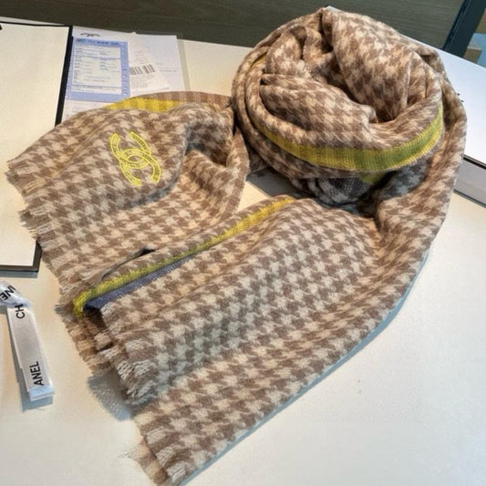 SCARF 190 CM IN PEANUT BROWN CHECKERED PATTERN CASHMERE 387911