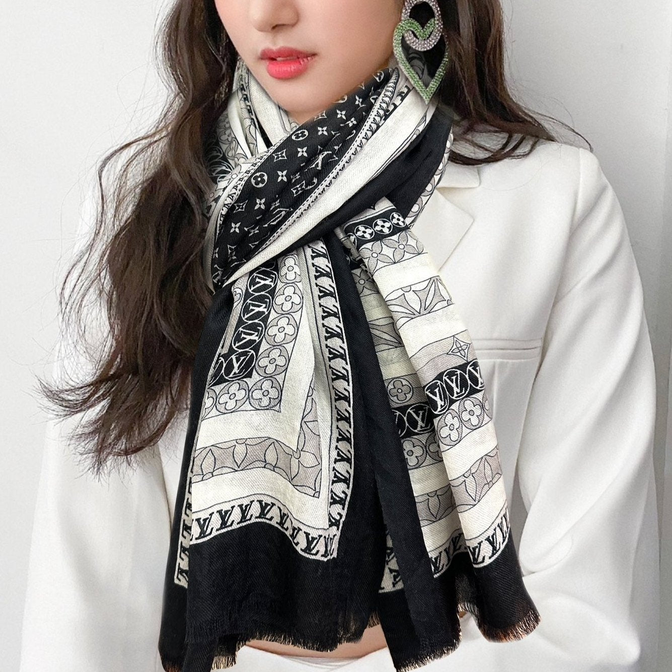 SCARF 200 CM IN BLACK MIX WHITE CASHMERE 394889