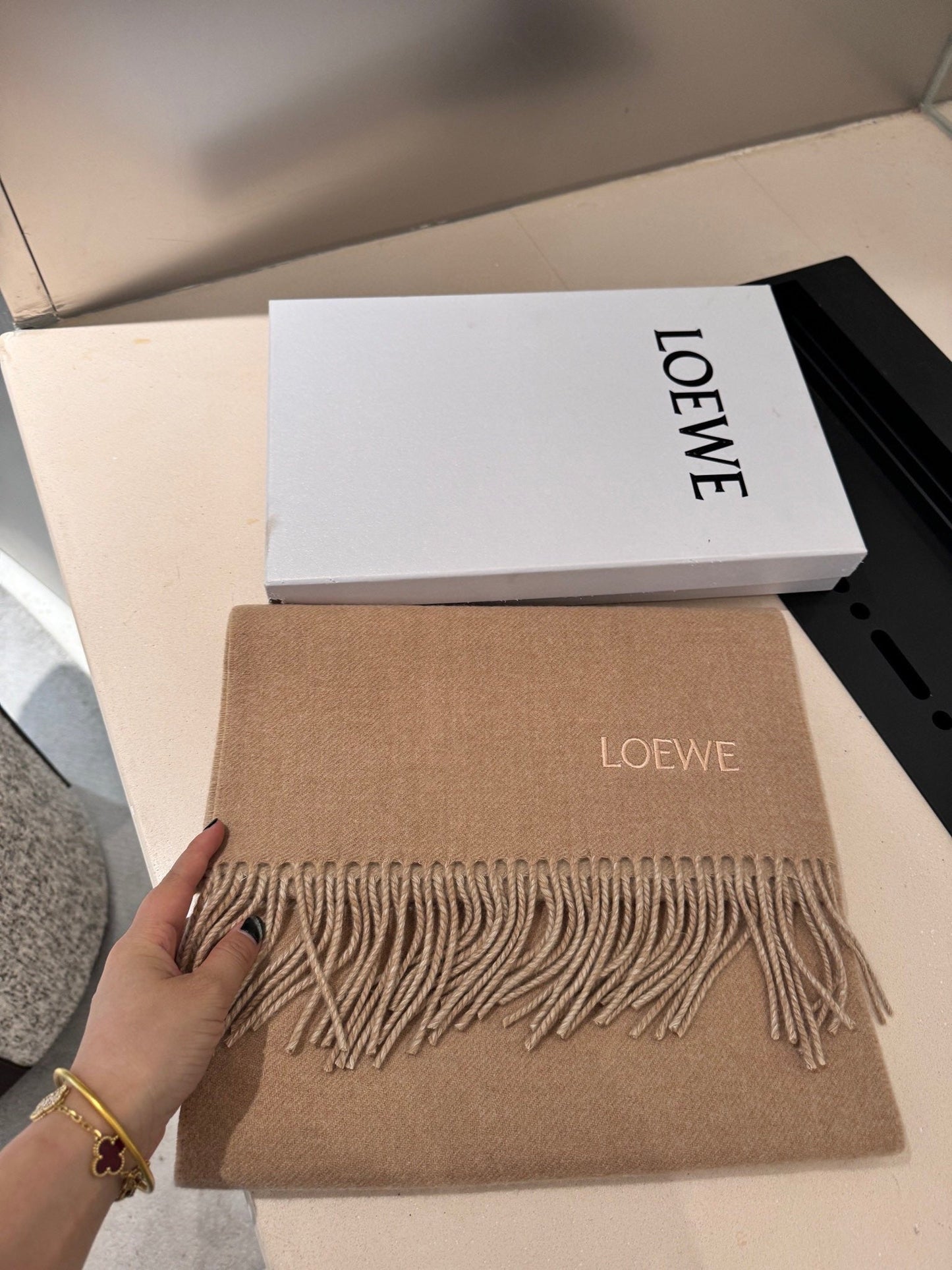 ANAGRAM DOUBLE-SIDED SCARF 182 CM IN CAMEL BEIGE WOOL AND CASHMERE 357779