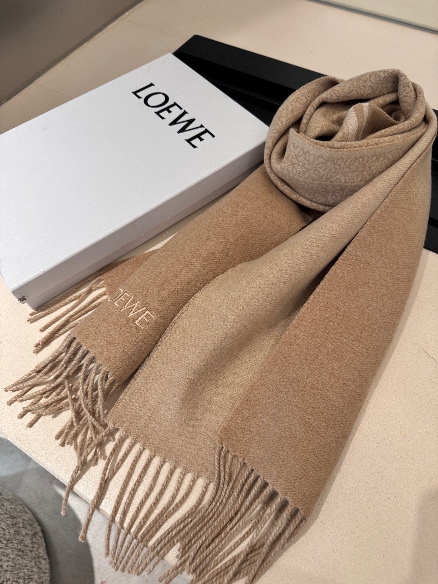 ANAGRAM DOUBLE-SIDED SCARF 182 CM IN CAMEL BEIGE WOOL AND CASHMERE 357779