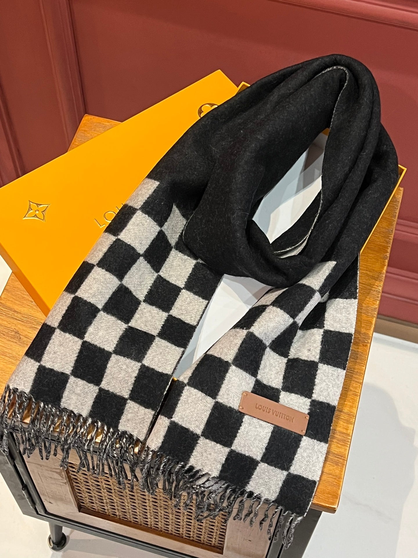 DAMIER SCARF 180 CM IN BLACK MIX WHITE CASHMERE 388315