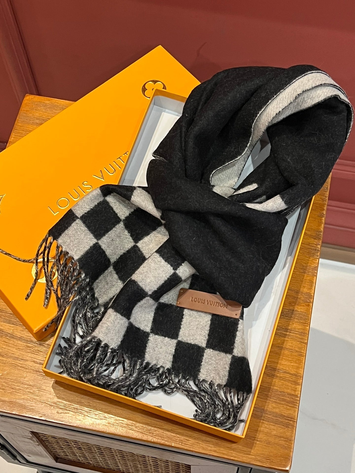 DAMIER SCARF 180 CM IN BLACK MIX WHITE CASHMERE 388315