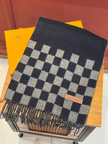 DAMIER SCARF 180 CM IN MIDNIGHT BLUE MIX GRAY CASHMERE 388316