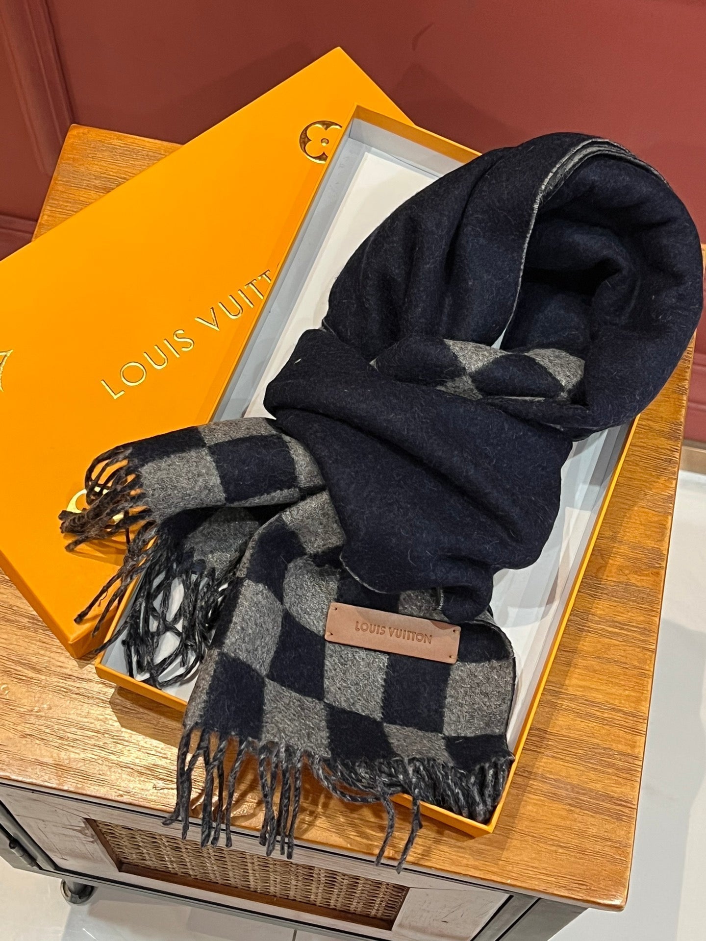 DAMIER SCARF 180 CM IN MIDNIGHT BLUE MIX GRAY CASHMERE 388316